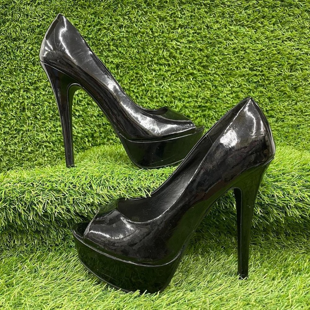 NEW LOOK BLACK PATENT HIGH HEELS LEATHER OPEN POINTY TOE PLATFORM SHOES Size UK